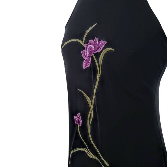 Long Black Gown with Lavender Embroidered Flowers and Crisscross Back Maxi Dress - Picture 11 of 15